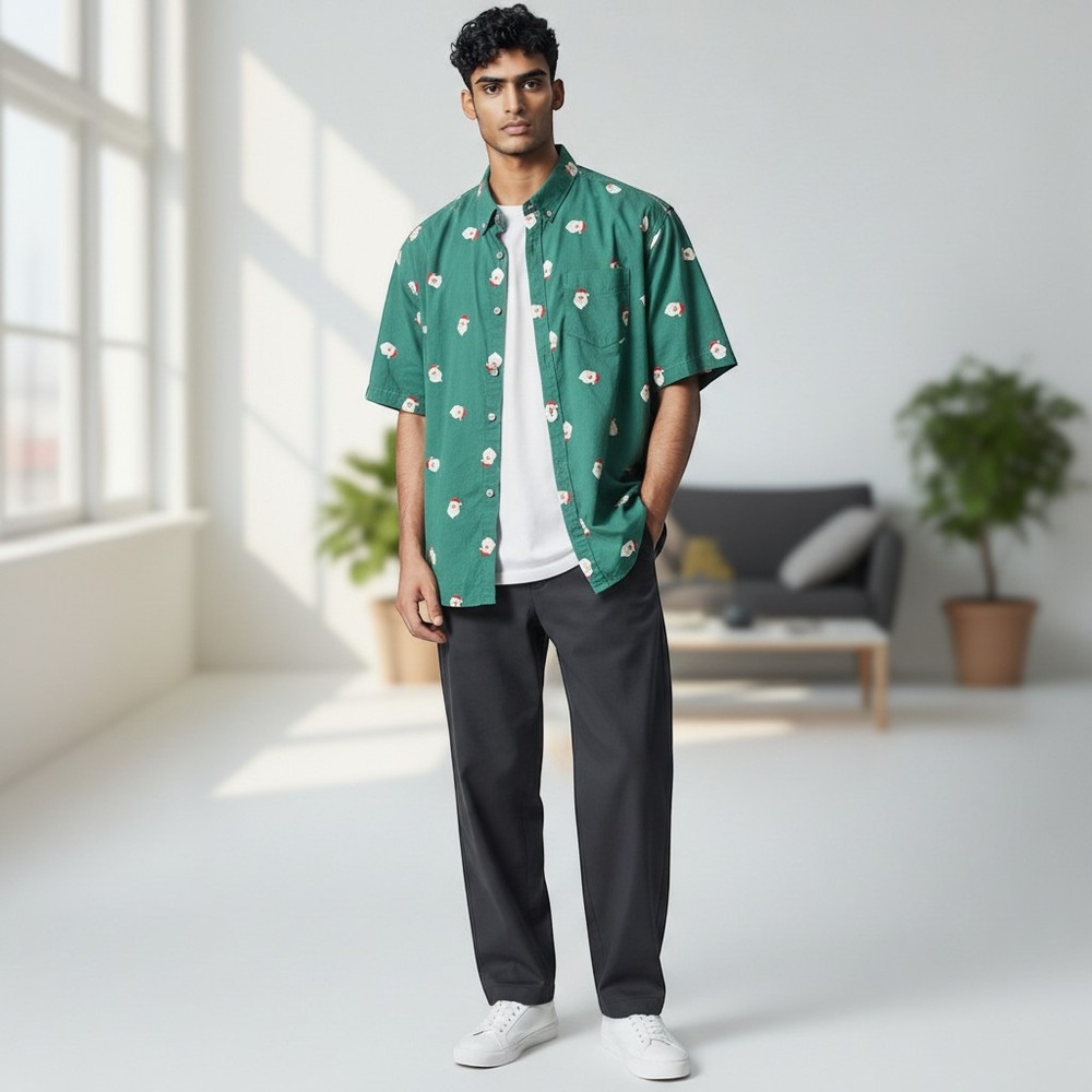 Free Planet Mens Santa Claus Christmas Button Down Shirt Green Short‎ Sleeve M